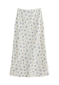Bloemrok van witte stof met blauwe bloemenpatronen. A-lijn ontwerp, middenlange lengte, gladde textuur, elastische tailleband.
