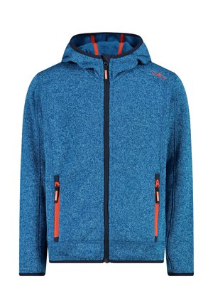 Giacca blu con cappuccio e zip, tessuto strutturato, due tasche anteriori con zip e cursori arancioni, e logo arancione sul petto.
