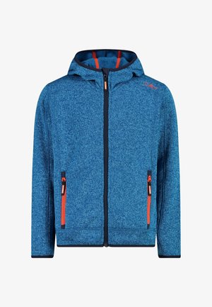 Blauwe capuchonjas met ritssluiting van gestructureerde stof, twee voorzakken met ritssluiting met oranje ritsjes en oranje logo op de borst.