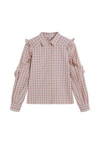 Camisa de cuadros en rosa claro y blanco, con acentos de volantes en los hombros y mangas largas, con cierre de botones en la parte delantera y cuello.