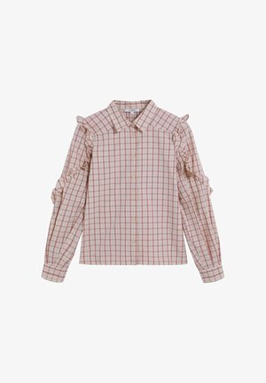 Chemise à carreaux rose clair et blanc, dotée d'accents volants sur les épaules et de manches longues, avec un bouton sur le devant et un col.