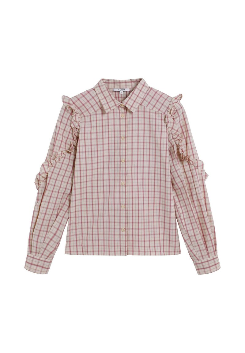 Camisa de cuadros en rosa claro y blanco, con acentos de volantes en los hombros y mangas largas, con cierre de botones en la parte delantera y cuello.