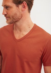 Roestkleurig v-hals t-shirt gemaakt van zacht materiaal, met korte mouwen en een gladde textuur, die de halslijn en de casual pasvorm benadrukt.