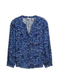 Blaue gemusterte Bluse mit tiefem V-Ausschnitt, langen Ärmeln und Knopfdetails. Das Material wirkt leicht und fließend mit verschiedenen Blautönen.