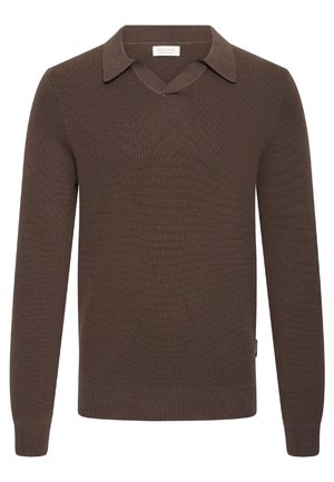 Knitted brown sweater with a v-neck and collared design, long sleeves, ribbed cuffs and hem, made from a textured material.