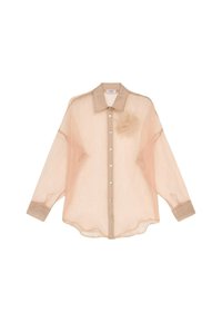 Doorzichtig perzikkleurig blouse met een knoopsluiting aan de voorkant, contrasterende kraag en manchetten in beige, en een bloemaccent aan de linkerkant.