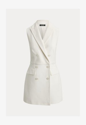 Varrukateta valge topeltlõhikulise rinnaosaga bleiserkleit sälkidega kraega ja klapiga taskutega, istutatud talje ning nööpide detailidega.