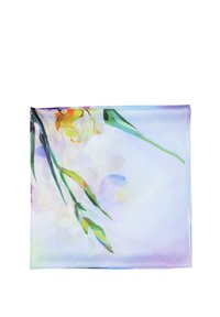Foulard di seta con uno sfondo a gradiente pastello e un design floreale astratto nei toni del verde, del giallo e di blu tenue. Forma rettangolare.