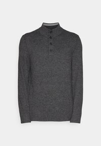 Dunkelgrauer, langärmliger Strickpullover mit einem gerippten hohen Kragen, vier vorderen Knöpfen und gestreiften Akzenten im Krageninneren.