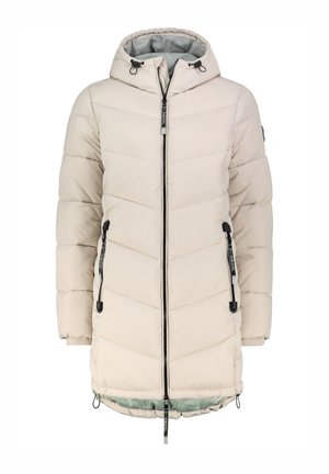 Helle beige, isolierte Pufferjacke mit Kapuze, ausgestattet mit Zickzacknähten, doppelten Reißverschlusstaschen und verstellbaren Zugbändern an der Taille.