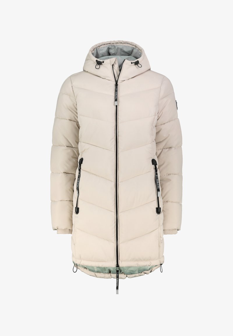 Helle beige, isolierte Pufferjacke mit Kapuze, ausgestattet mit Zickzacknähten, doppelten Reißverschlusstaschen und verstellbaren Zugbändern an der Taille.