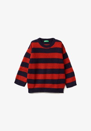 Rood en marineblauw gestreepte gebreide trui met een ronde hals en een losse pasvorm. Heeft lange mouwen en een gestructureerde, ribbelstof.