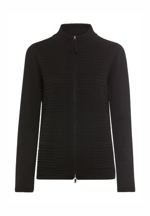 Schwarzer Reißverschluss-Cardigan mit rippenartiger Struktur, hohem Kragen und zwei Fronttaschen; gefertigt aus weichem Strickmaterial mit glatter Oberfläche.