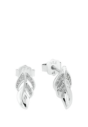 Orecchini a lobo in argento sterling a forma di foglie stilizzate, con piccoli cristalli trasparenti incastonati e chiusura a farfalla.
