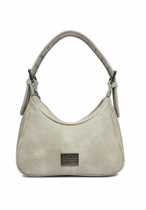 Hellgraue Leder-Schultertasche mit gebogenem Reißverschluss oben, verstellbarem Riemen und kleiner Metall-Logoplatte vorne.