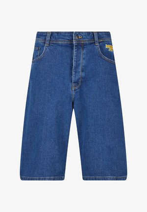 Tumed sinised denim lühikesed püksid mugava lõikega, omades standardset viie tasku disaini, kollast logodetaili ja kontrastset õmblust.
