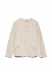 Veste beige à manches longues avec boutons, col en V et couture décorative, agrémentée de détails lacés sur les poches avant.