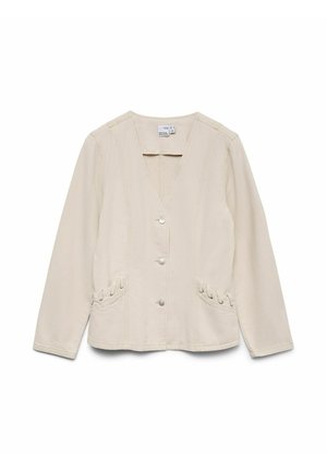 Veste beige à manches longues avec boutons, col en V et couture décorative, agrémentée de détails lacés sur les poches avant.