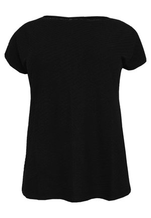 Sort top med korte ærmer, løs pasform, struktureret stof, rund halsudskæring og bølget kant, der tilbyder et enkelt og alsidigt design.
