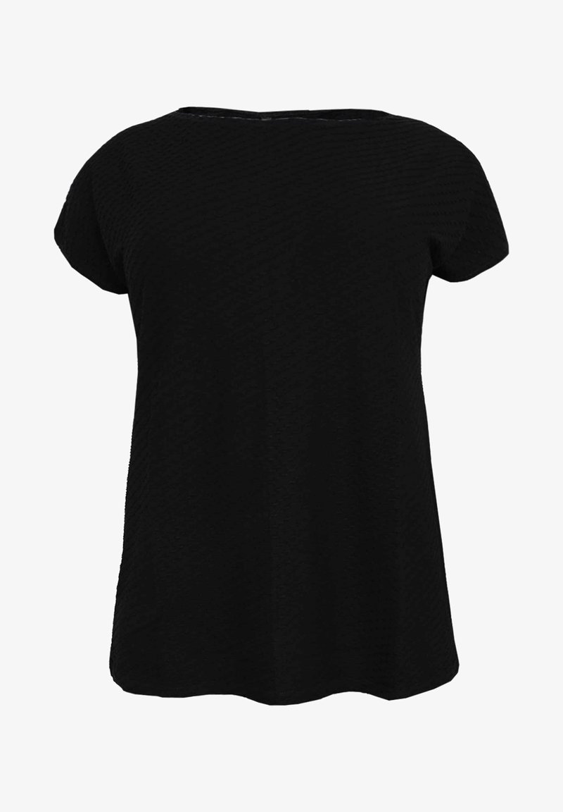 Haut noir à manches courtes avec une coupe loose, en tissu texturé, encolure ronde et ourlet incurvé, offrant un design simple et polyvalent.