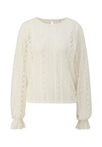 Blusa in pizzo crema a maniche lunghe con sottili motivi floreali, scollatura rotonda e polsini arricciati con volant.