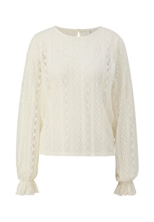 Bluzica z dolgimi rokavi iz kremaste čipke z subtilnimi cvetličnimi vzorci, okroglim ovratnikom in nabranimi volanastimi manšetami.