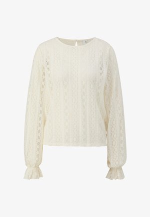 Bluzica z dolgimi rokavi iz kremaste čipke z subtilnimi cvetličnimi vzorci, okroglim ovratnikom in nabranimi volanastimi manšetami.