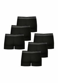 Boxers en coton noirs avec une ceinture extensible présentant un logo blanc. Le paquet comprend six paires dans différentes positions.