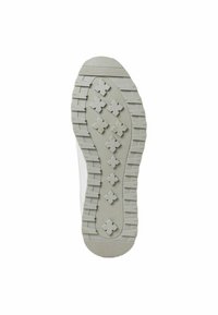 Schuhsohle aus hellgrau gummiertem Material mit erhöhten strukturierten Mustern, ausgestattet mit kreuzförmigen Profilnoppen für besseren Halt und einem glatten zentralen Bereich.