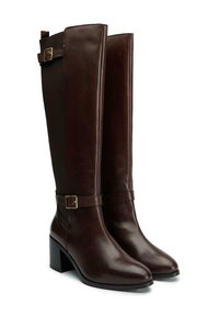Brown leather knee-high boots with a structured design, featuring a matte finish, gold hardware accents, and a block heel.