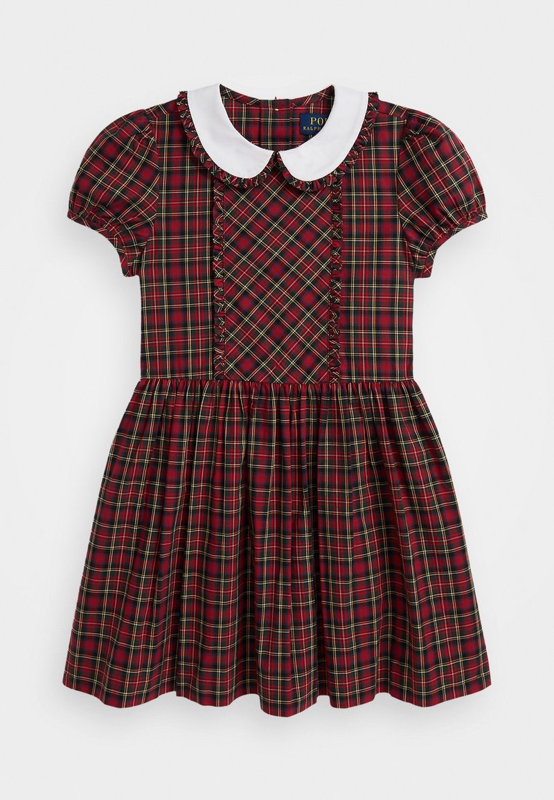 Plaid dress in red, green, and yellow features a white Peter Pan collar, short puff sleeves, and a gathered skirt with vertical pleats.