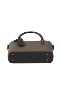 Brown and black handbag with a rounded shape, contrasting materials, top handle, and visible hardware accents at the base.