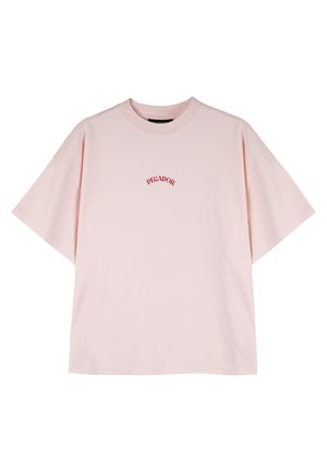 Pink cotton t-shirt with short sleeves, featuring a curved red embroidered "PEGADOR" logo on the front. Relaxed fit and soft texture.