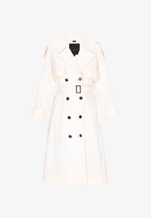 Witte dubbelgeknoopte trenchcoat met een tailleriem, oversized kraag, schouderepauletten en zwarte knoopaccenten. Zachte, gestructureerde stof.