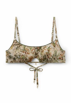 Tropischer Bikini-Oberteil mit verstellbaren Trägern, einer Schleife zum Binden vorne und einem kleinen Ausschnitt in der Mitte vorne.