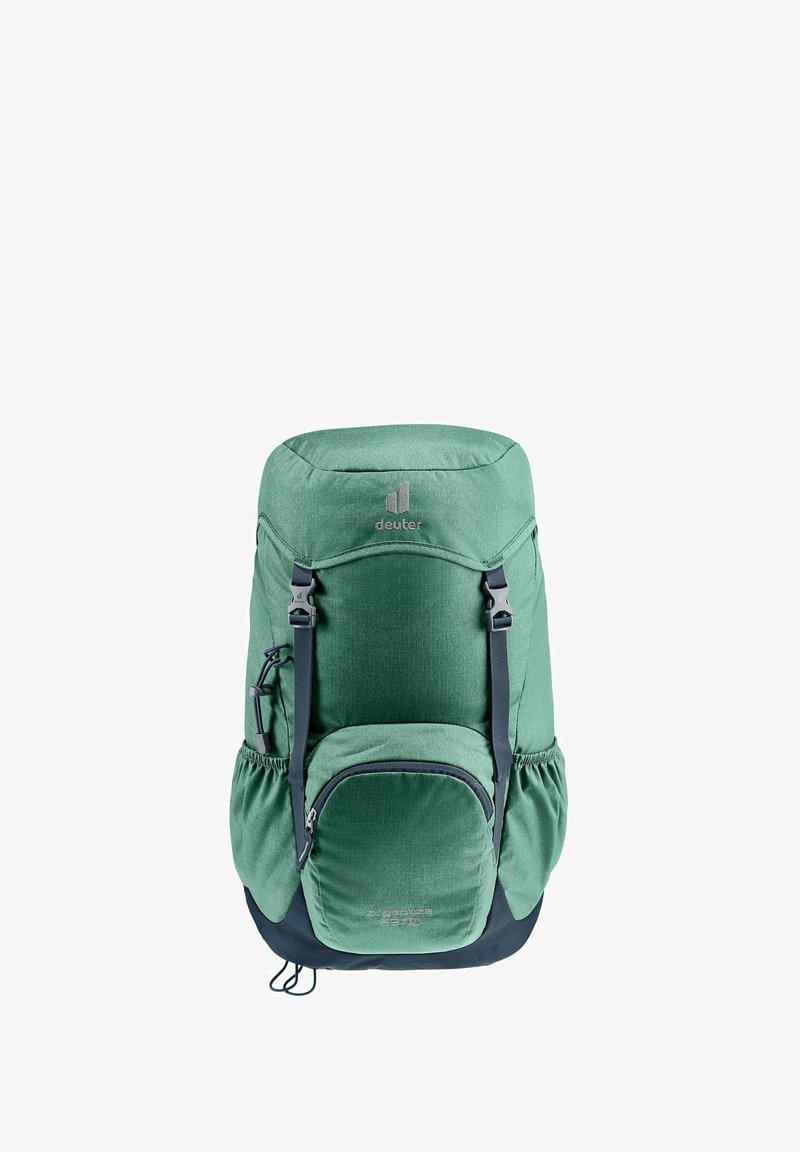 Grüner Stoff-Rucksack mit strukturiertem Design, ausgestattet mit verstellbaren Trägern, einem oberen Deckel und einer vorderen Reißverschlusstasche. Dunkelblaue Akzente.