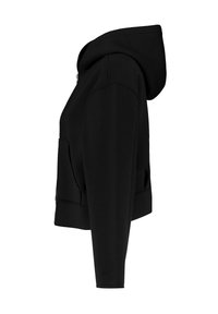 Černá mikina s kapucí na zip, přední kapsou a žebrovanými manžetami. Hladká textura a volný, zkrácený střih.