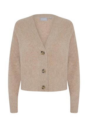 Beige gestrickte Strickjacke mit V-Ausschnitt, vier großen Knöpfen, gerippten Bündchen und Saum. Hergestellt aus weichem, strukturiertem Material.