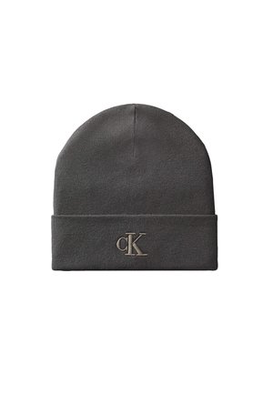 Bonnet en maille gris foncé avec bord plié et petit logo brodé "cK" au centre devant.