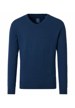 Navy-blaues V-Ausschnitt-Pullover aus weichem Strickstoff mit langen Ärmeln und gerippten Bündchen und Saum. Schlichte, klassische Silhouette ohne Muster.