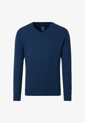 Navy-blaues V-Ausschnitt-Pullover aus weichem Strickstoff mit langen Ärmeln und gerippten Bündchen und Saum. Schlichte, klassische Silhouette ohne Muster.