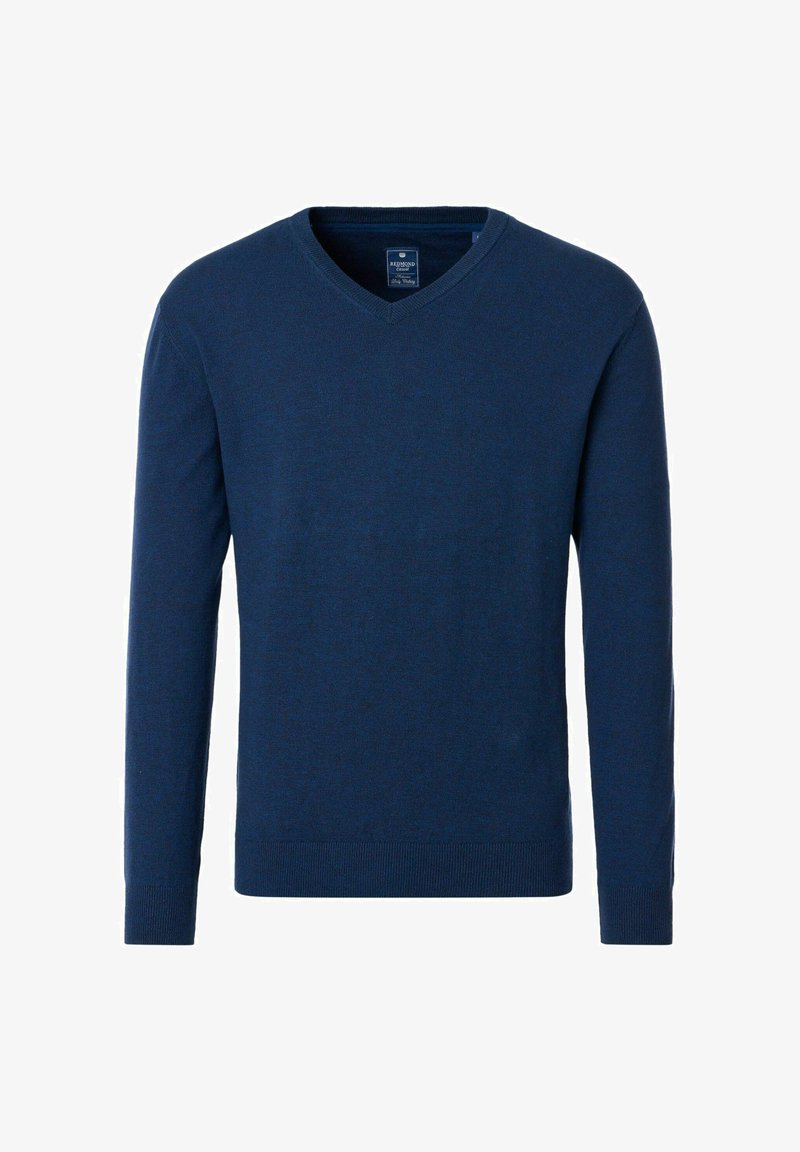 Marineblauwe v-hals trui van zacht gebreide stof met lange mouwen en geribbelde boorden en zoom. Eenvoudige, klassieke silhoët zonder patronen.