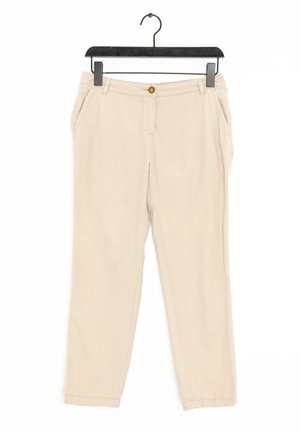 Pantalons en coton beige, légers, avec une coupe droite, dotés d'une fermeture à bouton, de deux poches latérales et d'un ourlet net.
