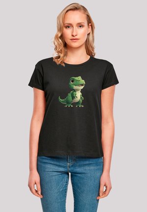Schwarz, kurzärmeliges T-Shirt mit einem bunten Cartoon-Dinosaurier-Motiv in der Mitte, aus weichem Stoff mit lässiger Passform.