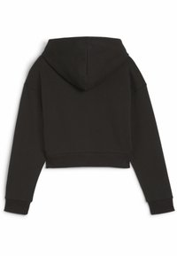 Felpa nera crop con cappuccio regolabile, maniche lunghe e polsini a coste. Realizzata in tessuto morbido con una superficie liscia. Design semplice.