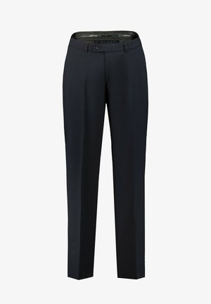 Marineblauwe op maat gemaakte broek van gladde stof, met een knoopsluiting en een klassieke rechte pijpdesign met riemlussen.