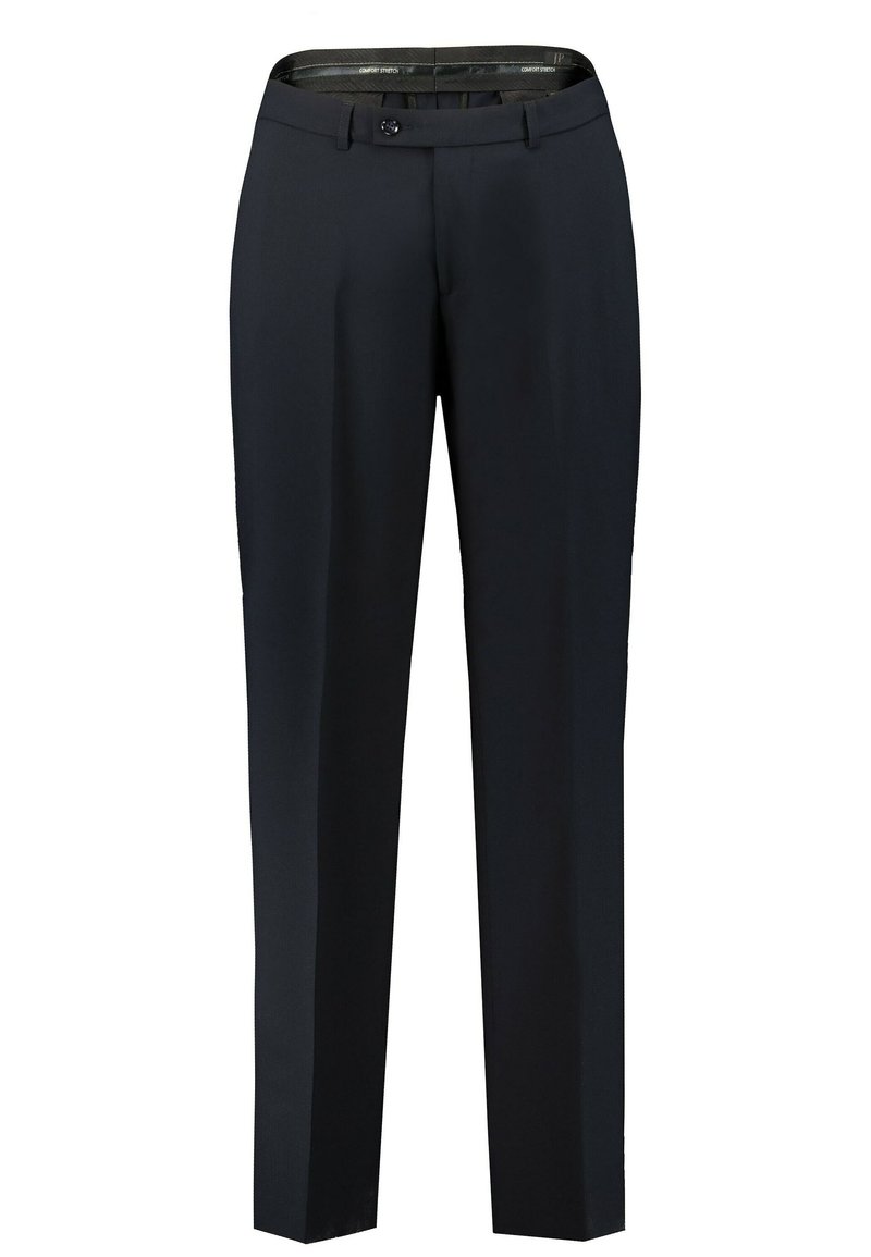 Schneiderhose in Marineblau aus glattem Stoff, mit einem Knopfverschluss und klassischem geradem Beinschnitt, ausgestattet mit Gürtelschlaufen.