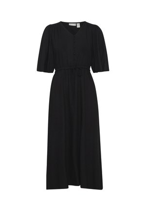 Schwarz, knielanges Kleid mit kurzen Puffärmeln, V-Ausschnitt, vorderen Knöpfen und Kordelzug in der Taille für eine anpassbare Passform. Glatte Textur und einfarbig.