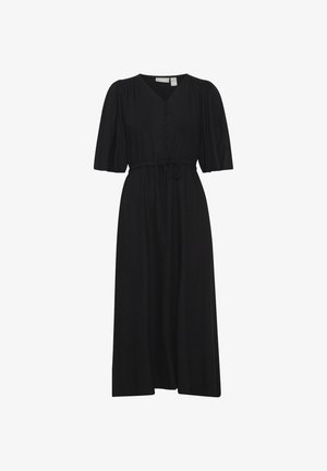 Schwarz, knielanges Kleid mit kurzen Puffärmeln, V-Ausschnitt, vorderen Knöpfen und Kordelzug in der Taille für eine anpassbare Passform. Glatte Textur und einfarbig.