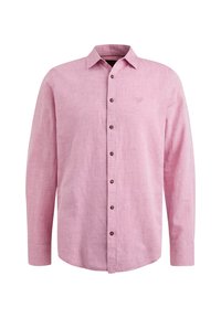 Hellrosa Langarmhemd aus Leinen mit Button-Down-Kragen, braunen Knöpfen und dezentem besticktem Logo auf der Brust.